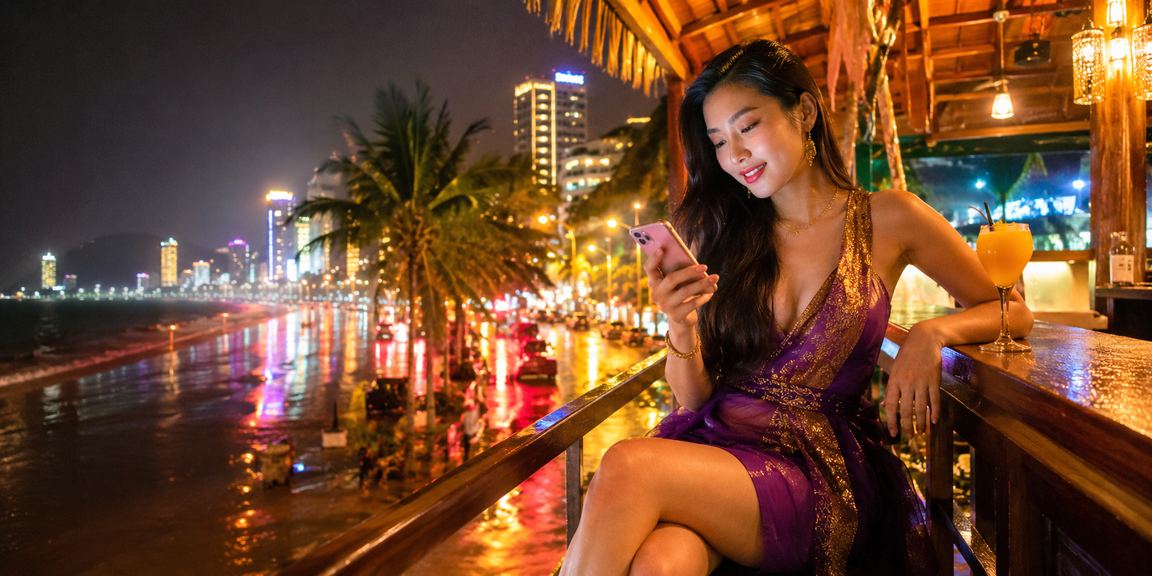 Người dùng tại bãi biển Nha Trang truy cập casino trực tuyến và nhận cashback